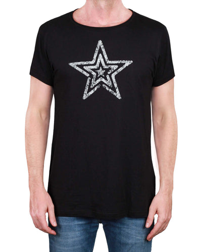 Metallic Silver Star Print - Men's T-Shirt - Round Neck Raw Collar (Black)