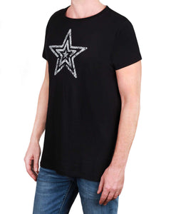 Metallic Silver Star Print - Men's T-Shirt - Round Neck Raw Collar (Black)