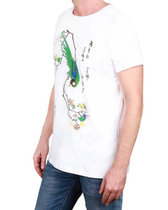 Japanese Green Bird - Men's Round Collar T-Shirt (White)