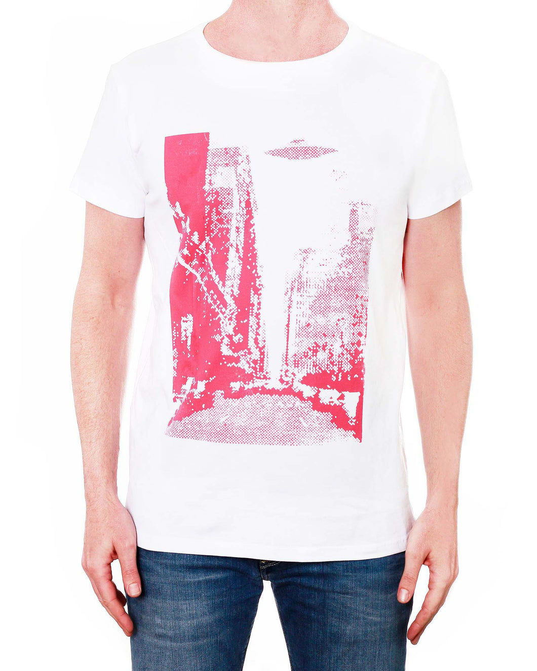 NY UFO Print (Pink)- Men's T-Shirt - Round Neck (White)
