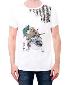 Samurai with Japanese Writing Print - Men's Round Neck T-Shirt (White)